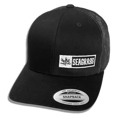 Seagrass Clothing Co. Black on Black Trucker Hat with White Logo Front View