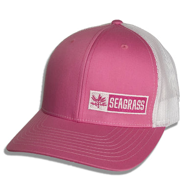 Seagrass Clothing Co. Pink on White Trucker Hat with White Logo Front View