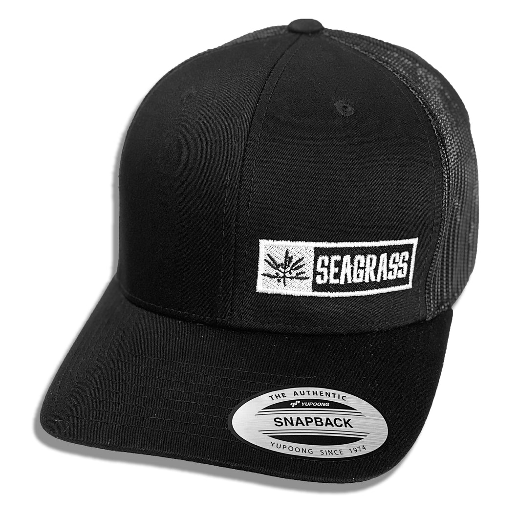 Seagrass Clothing Co. Black on Black Trucker Hat with White Logo Front View