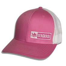 Load image into Gallery viewer, Seagrass Clothing Co. Pink on White Trucker Hat with White Logo Front View
