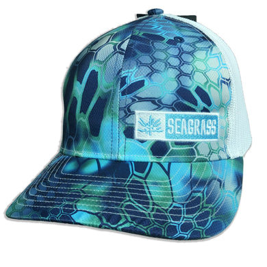 Seagrass Clothing Co. Kryptek Pontus on White Trucker Hat with White Logo Front View